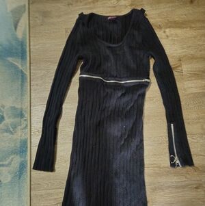 Betsey Johnson Black Ribbed Long Sleeve Dress with Zipper Accents